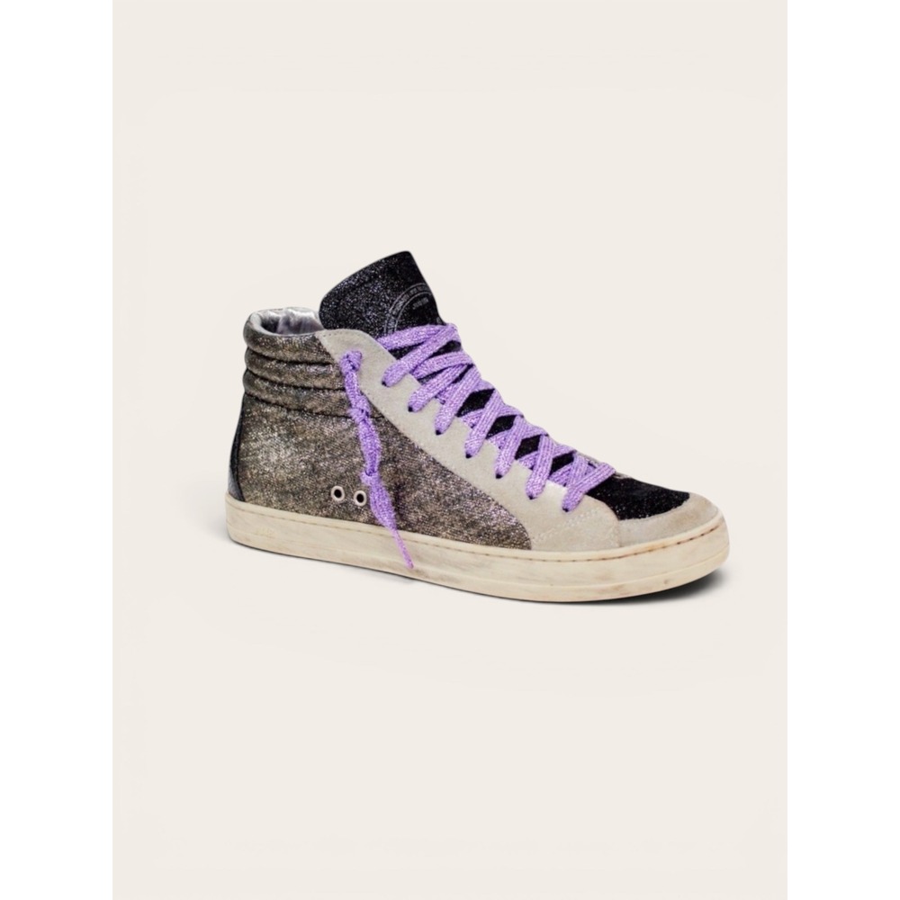 P448 Women's Skate Sneakers 37 EUR/ 7 US Black Glitter & Purple Laces High Top